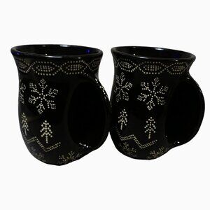 Tag Finger Warmer 2 Set Coffee Mug Tea Cup Black with Snowflakes Stich Design